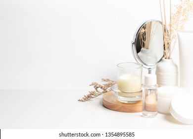 Mirror And Beauty Fashion Spa Treatment Lotion Cream Spf Aromatic Cosmetic Perfume With Background, Mockup Product Package, Herbal Leaf Flower, Candle, Wood Palte, Body Spray, Vintage Style