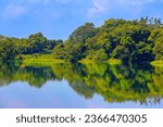 Mirror of clear sky over the lake.Peaceful lakescape,scenic landscape view.and beautiful 
forest.form a scenic scene .Lantan Reservoir, Chiayi City,Taiwan..For branding, screensavers, websites.