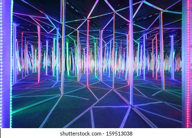 Mirror labyrinth illuminated with bright multicolored light