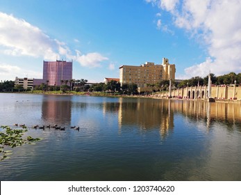  mirror lake in Lakeland Florida with Lilly pads and high rise skyscrapers in background under sunny blue sky with white fluffy clouds 