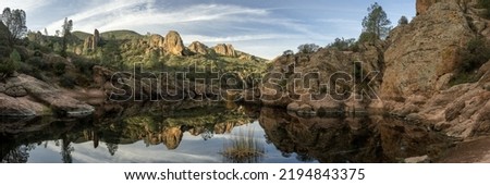 Mirror Like Water of Bear Gulch Reservoir Panorama in Pinnacles National Park