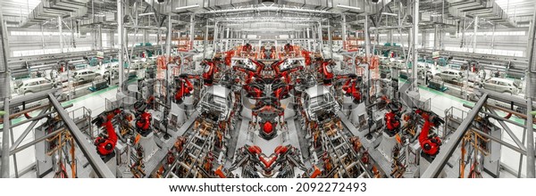 Mirror Panoramic Photo.\
Automobile production line. Welding car body. Modern car assembly\
plant