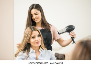 Mirror Reflection Cute Hairdresser Using Blowdryer Stock Photo ...