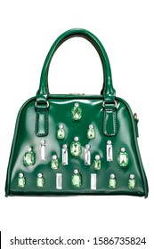 Mirror Shine Dark Green Leather Handbag With Gem Stone Decal On White Background