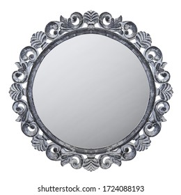 Mirror In Wooden Black Frame Isolated On White Background. Details Of Modern Boho Bohemian Baroque Style Eco Design Interior;