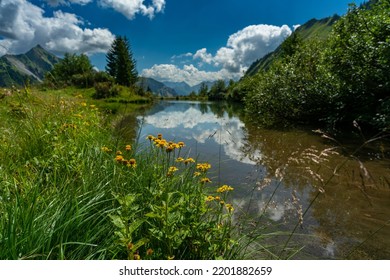 mirroring mountain lake in sunny summer day. surrounded from trees, different colored flowers and alpine meadows lies the lake on the slope of the steep mountains from Great valley of Walser - Shutterstock ID 2201882659