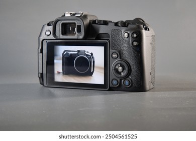 Mirrorless camera back, and side views including screen on and off
