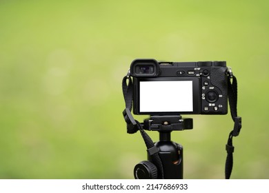 Mirrorless Camera With Green Screen On Monopod, White Screen Camera
