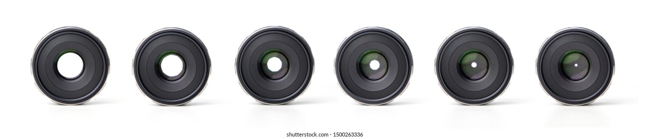 Mirrorless Camera Lens Fix 35mm F1.7 With Different Aperture Diaphragm Opening in White Background. Collection Set From F1.7, F2.0, F2.8, F4.0, F8.0, F22 - Shutterstock ID 1500263336