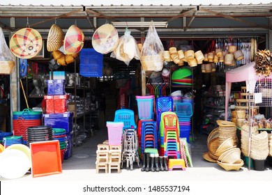 Miscellaneous street shop. Traditional of store front of miscellaneous shop that selling cooking stuff, cleaning tools, plastic chairs and household items for street food hawkers and houses. Thailand. - Shutterstock ID 1485537194