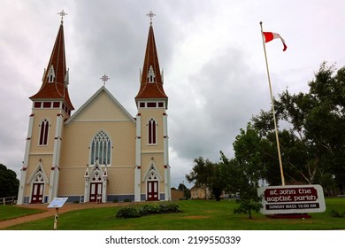 MISCOUCHE PRINCE EDWARD ISLAND 08 17 2022: St. John The Baptist Roman Catholic Church Is Designed In The High Victorian Gothic Style