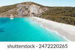 Misery Beach - Albany Western Australia. Beautiful turquoise beach rated as the best beach in Australia. People walking on white sand. Shot on the DJI Mavic 3 drone aerial shot.