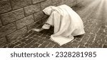 Misery tired poor lost grief fail weep cry lone jew slave lady sit dirty urban street ground ask beg god help faith hope. Old retro biblic needy sick sin child kid suffer man stone brick house history