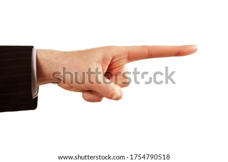 Mislead, lying and indicate wrong direction concept. Male long index finger pointing to false and wrong way. Disinformation in communication conceptual