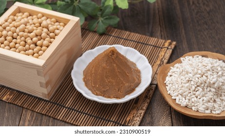 Miso is a Japanese fermented seasoning.Ingredients soybeans and rice koji. An image of rice koji miso.koji is Japanese malted rice. - Shutterstock ID 2310900519