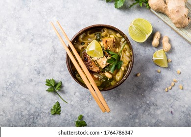 Miso Ramen Asian Noodles Soup With Tempeh Or Tempe  In A Bowl. Health Food For Healthy Eating For Vegans & Vegetarians . Asian Style Food.