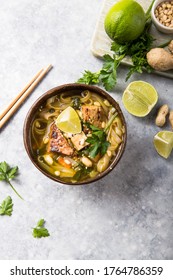 Miso Ramen Asian Noodles Soup With Tempeh Or Tempe  In A Bowl. Health Food For Healthy Eating For Vegans & Vegetarians . Asian Style Food.