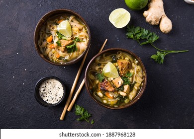 Miso Ramen Asian Noodles Soup With Tempeh Or Tempe In A Bowl. Health Food Eating For Vegans And  Vegetarians . Asian Style Food.