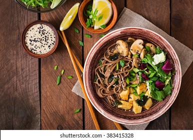 Miso And Soba Noodle Soup With Roasted  Tofu And  Mushrooms. Top View