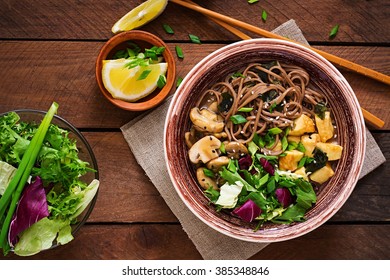 Miso And Soba Noodle Soup With Roasted  Tofu And  Mushrooms. Top View