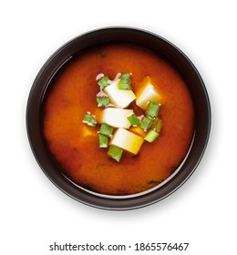 Miso Traditional Japanese Soup With Tofu And Spring Onion. Isolated On White Background. Top View Flat Lay