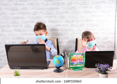 I Miss School. Children Waving Their Hands And Say Hello To Classmates. Distance Learning Resources For Schools Affected By COVID-19. Remote Learning Going During The Coronavirus Pandemic.