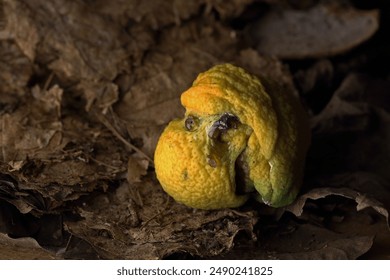 MISSHAPEN LEMON DISPLAYING EXUDATE ON A BED OF OLD LEAVES - Powered by Shutterstock