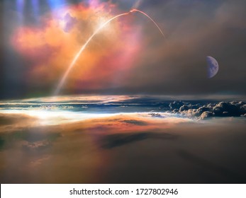 Missile launch, aerial view of space shuttle taking off and moon over the clouds. Elements of this image furnished by NASA