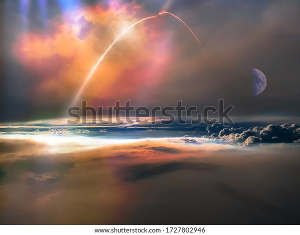 ミサイルの発射 雲の上を飛び立ち 月が見えるスペースシャトルの空撮 Nasaが提供するこの画像のエレメント の写真素材 今すぐ編集