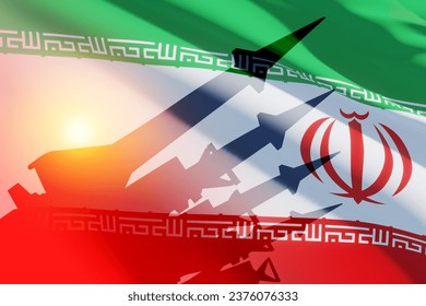 The missiles are aimed on background of Iran flag. Bomb, chemical weapons, missile defense, a system of salvo fire.
