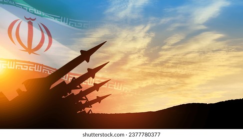 The missiles are aimed at the sky at sunset with Iran flag. Bomb, chemical weapons, missile defense, a system of salvo fire.