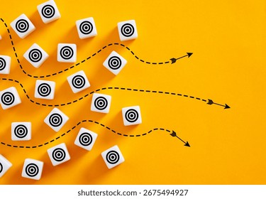 Missing the goals and objectives. Failure to deliver the objectives. Deviation from the goals. Arrows missing the targets on yellow background.