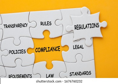 Missing jigsaw puzzle piece with text regulations, covering text project and different business words which matches a yellow space marked compliance. - Shutterstock ID 1676760232