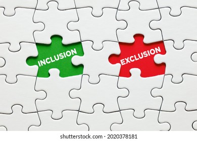 Missing Puzzle Pieces With The Words Inclusion Versus Exclusion. Diversity Concept In Workplace Or Society, Dilemma Of To Exclude Or To Include.