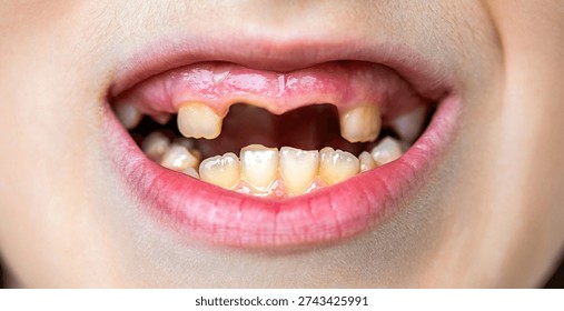 Missing teeth. Kid patient open mouth showing cavities teeth decay. Concepts about oral health. Closeup. Child missing her teeth. Bad teeth child. 