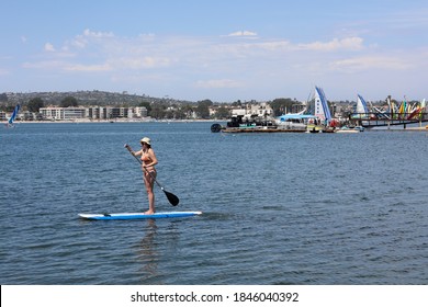 Mission Bay and Beaches in San Diego, California. USA. Community built on a sandbar with villas, sea port and recreational Mission Bay Park. Californian beach-lifestyle. October 20th, 2020