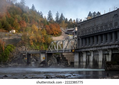 Mission, BC, Canada - November 2, 2022 : Ruskin Dam, A BC Hydro Power Historical Station Built In 1930. Landscape From Stave River.