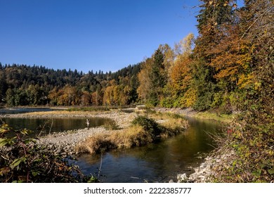 Mission, BC, Canada - November 2, 2022 : Ruskin Dam, A BC Hydro Power Historical Station Built In 1930. Landscape From Stave River.