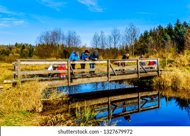 Mission, British Columbia/ Canada: Nov. 12, 2018: Three Generations Of A Family  On A Bridge On The Hiking Trails Of Silverdale Creek Wetlands, A Freshwater Marsh And Bog Near Mission, BC