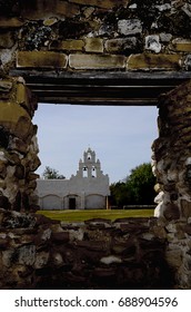 Mission Espada On The US National Parks Mission Trail System In San Antonio Texas Viewed Through The Ruins Window Across The Courtyard Of The Mission Grounds