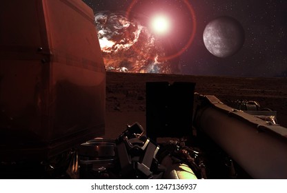 Mission InSight Mars Lander In Shadow  Near The Red  Planet And Moon With Lens Flare. Elements Of This Image Were Furnished By NASA.