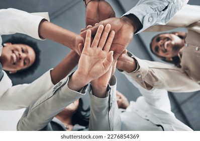 Mission, low angle or hands of happy business people with goals, support or motivation for success or growth. Strategy, b2b meeting zoom or teamwork collaboration planning our vision or sales target