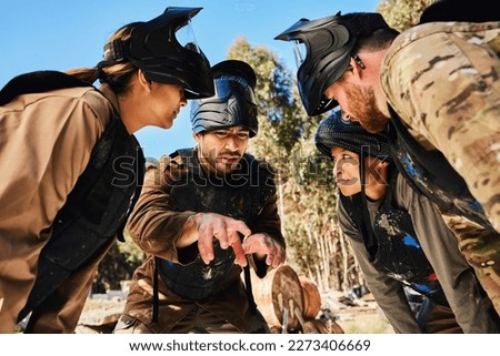 Mission, paintball or people in huddle planning strategy, teamwork or soldier training on war battlefield. Meeting, community or army soldiers speaking for support, collaboration or military group