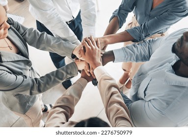 Mission, team building or hands of business people with goals, support or motivation for success or growth. Group strategy, b2b meeting zoom or employees planning our vision or sales target top view