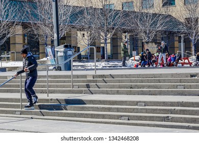 Mississauga Canada- 12 March 2019 : March Break Skaters At Mississauaga City Hall Enjoying The Sunshine And The Cold Skate, But Where Did The Ice Go?