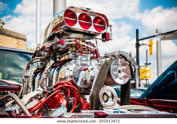 MISSISSAUGA, CANADA - JULY 6 2014: Souped up\
super-charged hot rod engine. As seen at \