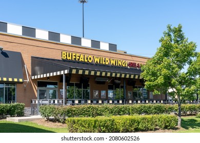 Mississauga, On, Canada - August 2, 2021: A Buffalo Wild Wings restaurant in Mississauga, On, Canada. Buffalo Wild Wings is an American casual dining restaurant and sports bar franchise. 