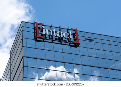 Mississauga, On, Canada - July 1, 2021: Intact Sign On Top Of Their Office Building In Mississauga, On. Intact Insurance Is A Provider Of Property And Casualty Insurance In Canada.