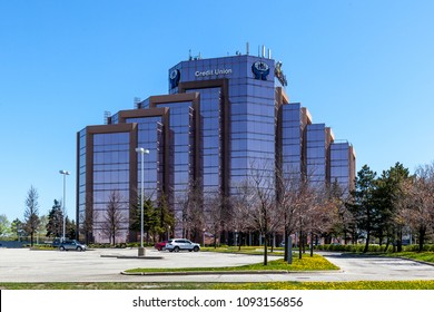 Mississauga, Ontario, Canada - May 13, 2018: Sign and logo on the building of Credit Unions of Ontario. 