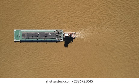 Mississippi river barge aerial view straight down